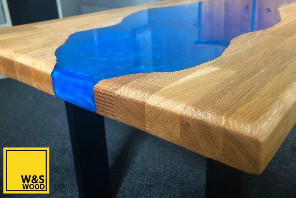 River run table with metallic resin and oak