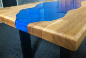 River run table with metallic resin and oak